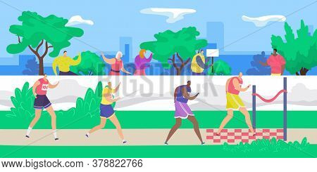 Marathon, Jogging Runners At Finish Line, Sport Running Group Concept Flat Vector Illustration. Peop