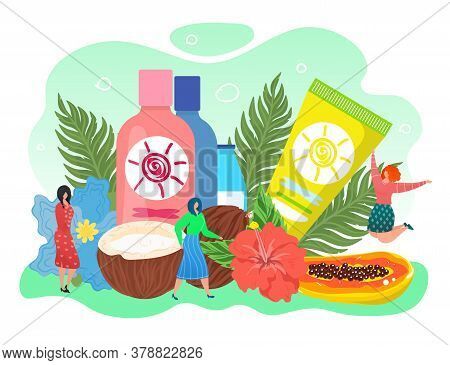 Natural Cosmetic Banner With Plants, Fruits And Flowers, Tiny Girls, Flat Vector Illustration. Desig