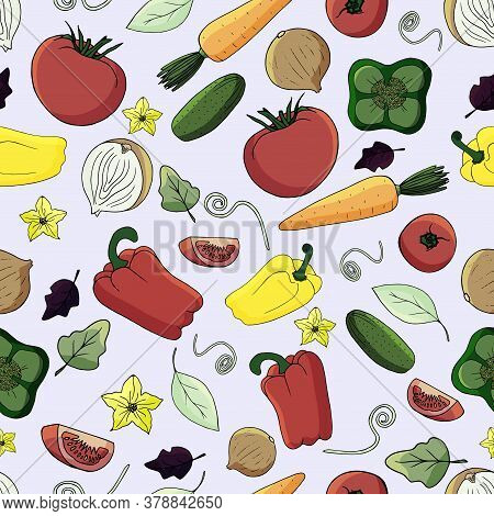Vector Seamless Pattern With Vegetables. A Good Harvest In The Fall. For The Design Of Paper, Menu, 