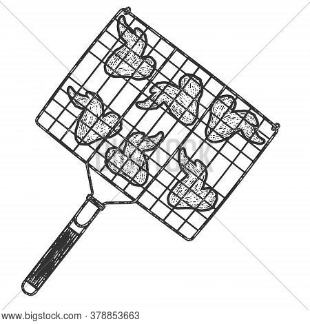 Barbecue Grid, Fried Chicken Wings. Sketch Scratch Board Imitation.