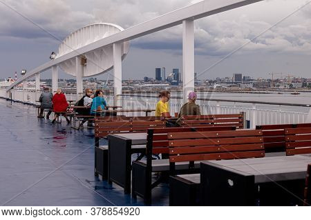 Tallinn, Harjumaa, Estonia, 02 July 2020 Viking Line Ferry, Open Deck Tables. High Quality Photo