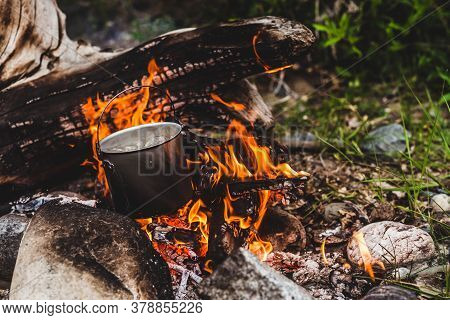 Kettle Stands On Fire. Cooking Food At Fire In Wild. Beautiful Big Log Burns In Bonfire Close-up. Su