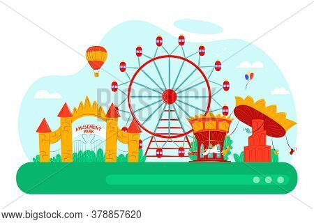 Amusement Park With Fun Carousel Design, Vector Illustration. Cartoon Balloon, Fair Wheel Flat Attra