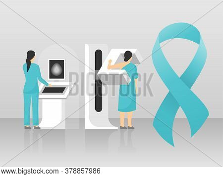 Mammogram - Breast Diagnosis - Medical Equipment, Nurse, Female Patient And Cancer Ribbon - Vector I