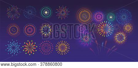Set of festive fireworks. Vector colorful and monochrome celebration firework.