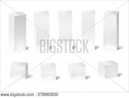 Blank white box mockup. Different positions of retail cardboard box for design or branding. Vector illustration isolated on white background.