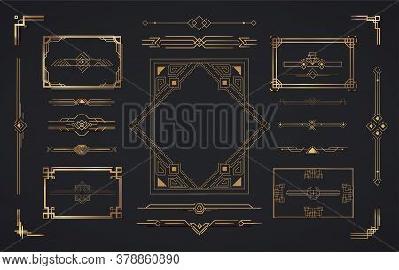 Set of Art Deco elements. Vector elements of geometric golden label frame, gold frames, vintage antique elegant design set.