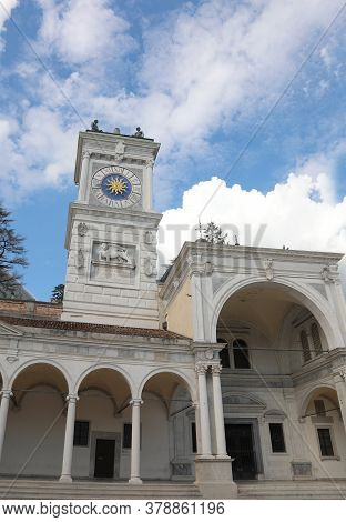 Clock Tower In Italian Udine City In The Main Square Called Piazza Liberta