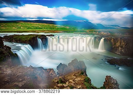 Godafoss Waterfall In Iceland, Summer Natural Travel Background