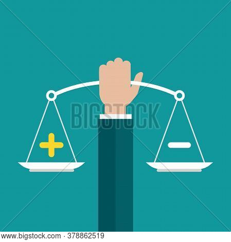 Businessman Hand Holds Mechanical Scales With Plus And Minus In Pans. Value, Solution And Rationalit