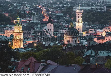 Night View Of Weastern European City Lviv, Architecture Background