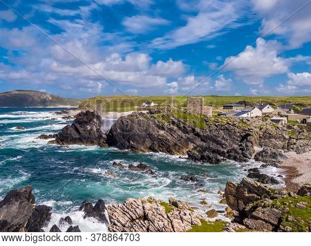 Aerial View Of The Beautiful Coast Next To Carrickabraghy Castle - Isle Of Doagh, Inishowen, County 