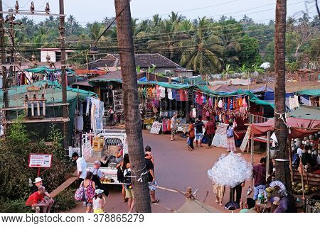 ANJUNA, INDIA - FEBRUARY 19, 2020: Famous weekly flea market in Anjuna, Goa, India