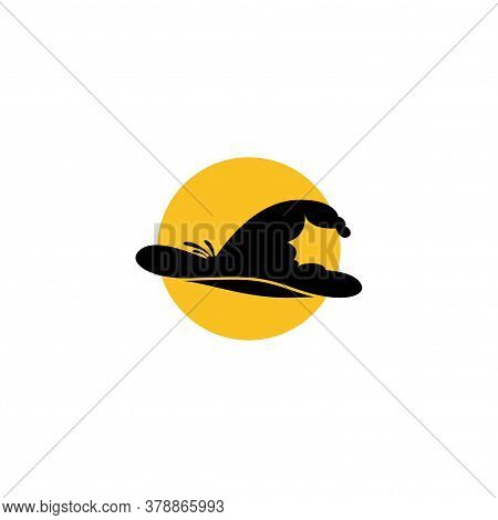 Black Whitch Hat Silhouette On Orange Circle Icon. Flat Vector Sign Isolated