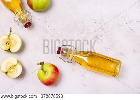 Bottles Of Apple Vinegar And Ripe Apples On Light Gray Background Top View Flat Lay Apple Cider
