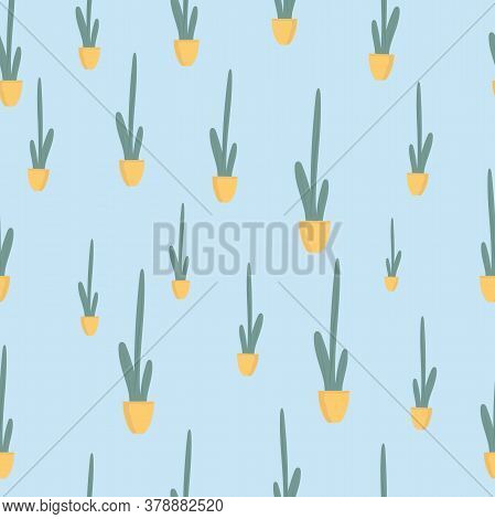 Seamless Patternt Houseplant In Ceramic Pot Flat Illustration. Evergreen Plant Isolated On Blue Back