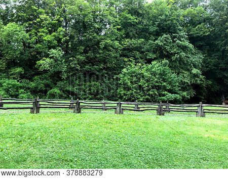 Right Green Grass Against A Backdrop Of Spreading Trees With An Amazing Wooden Fence. Foreground