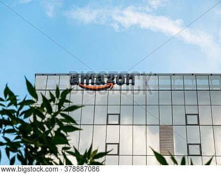 Bucharest/romania - 07.18.2020: Amazon Logo And Headquarters In Bucharest. Amazon Offices In Romania
