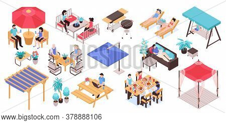 Isometric Garden Furniture Set With Isolated Icons Human Characters And Patio Furniture Images On Bl