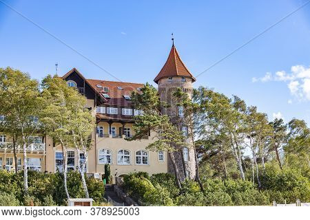 Beautiful Historic Hotel On The Beach In Łeba In Poland On A Sunny Summer Day