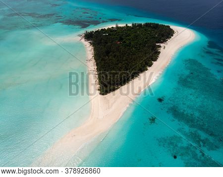 Aerial View Of Picturesque Mnemba Atoll In Zanzibar - The Famous Spot For Snorkeling And Boat Tour