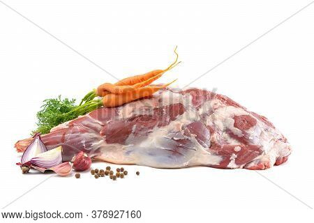 Raw Leg Of Mutton On A Bone On A White Isolated Background. Sheep Meat Close-up.a Fresh Piece Of Mut