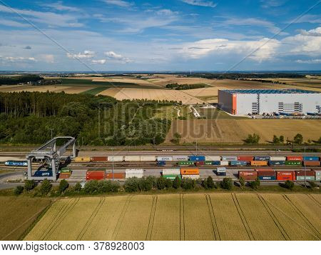 Ulm, Germany - July 26, 2020: Aerial Of The Container Terminal In Ulm, Germany With Rail Connection 