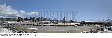 Aerial View Of The Honolulu Port And Downtown Skyline With Landmarks Aloha Tower, Nimitz Highway, Cr