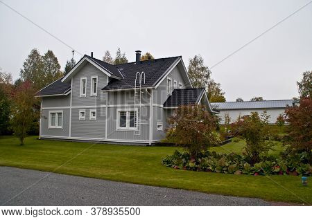 Typical Finnish House In The City Of Kuhmo, Finland.