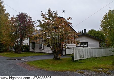 Typical Finnish House In The City Of Kuhmo, Finland.