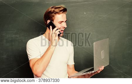 Digital Concept. Online Communications. School Teacher With Laptop. Digital Technology. Digital Scie