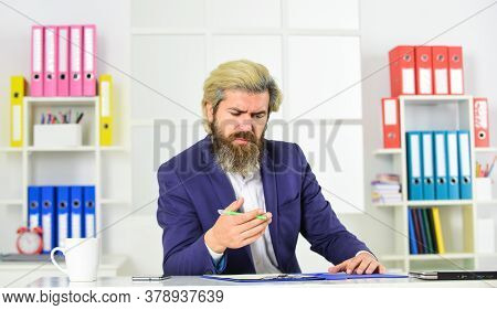 Make A Count. Successful Crisis Manager Make Notes In Documents. Businessman Hold Office Folder. Bus