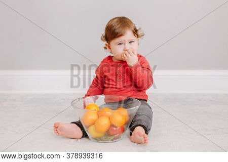 Cute Adorable Caucasian Baby Boy Eating Citrus Fruit Mandarine Orange. Finny Child Eating Healthy Or