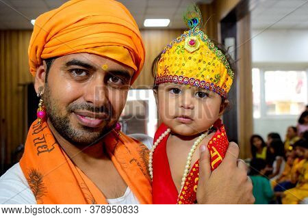 Delhi, India - September 9, 2019 : Cute Indian Kids Dressed Up As Little Lord Krishna Radha On The O