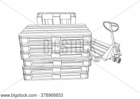 Hand Pallet Jack Lift. Manual Forklift With Cargo Pallet For Warehouse. Logistics Shipping Concept. 