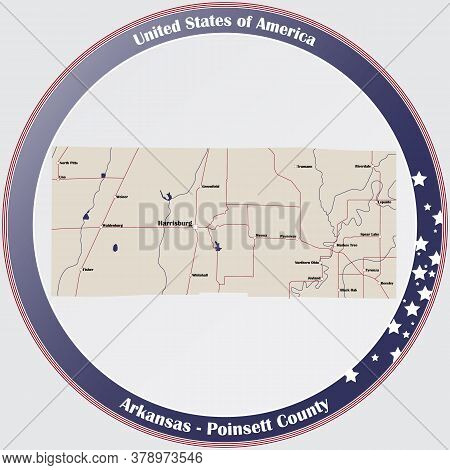 Round Button With Detailed Map Of Poinsett County In Arkansas, Usa.