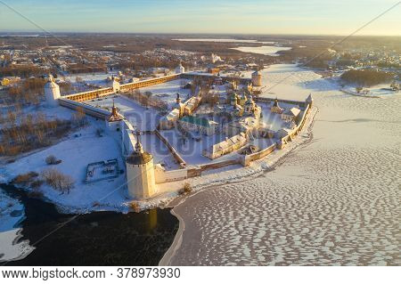 Top View Of The Kirillo-belozersky Monastery On A December Sunny Evening (aerial Photography). Volog