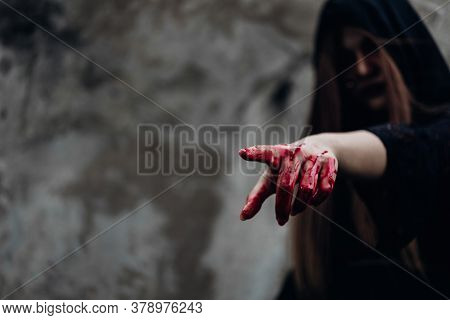 Portrait Woman Ghost Devil Demon Costume Horror And Scary She Has Point Finger Out And Hand Have Red