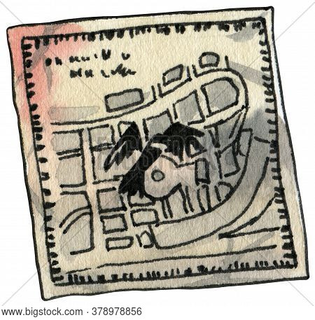 Hand Drawn Watercolor Sketh Of The Map With Cown Symbol. With Clipping Path