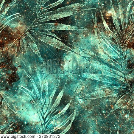 Tropical Seamless Pattern.  Fashion Hand Drawn Texture. Green Cosmic Background. Tropical Seamless P