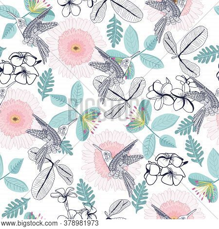 Vector Hand Drawn Beautiful Pattern Of Decortive Plumeria And Gerbera Flowers And Humming-bird. Can 
