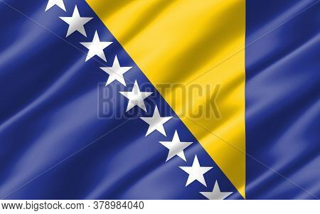 Silk Wavy Flag Of Bosnia And Herzegovina Graphic. Wavy Bosniak Flag 3d Illustration. Rippled Bosnia 