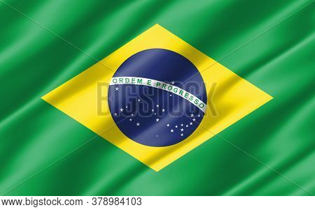 Silk Wavy Flag Of Brazil Graphic. Wavy Brazilian Flag 3d Illustration. Rippled Brazil Country Flag I
