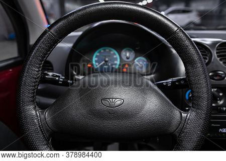 Novosibirsk/ Russia - July 27 2020: Daewoo Matiz, , Steering Wheel , Dashboard With Speedometer, Tac