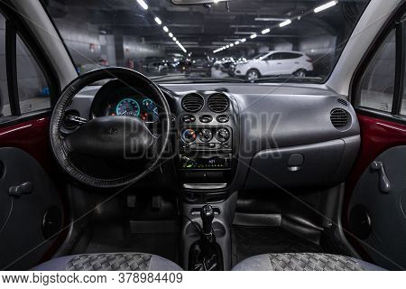 Novosibirsk/ Russia - July 27 2020: Daewoo Matiz, Luxury Car Interior - Steering Wheel, Shift Lever,