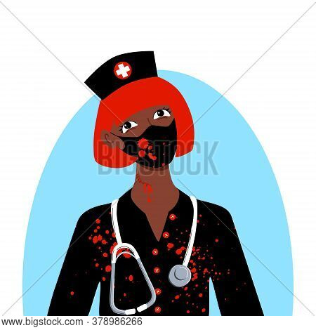 Dark Skinned Afro Young Woman Bloody Nurse Halloween Party Costume. Hat With A Cross Stethoscope Rob