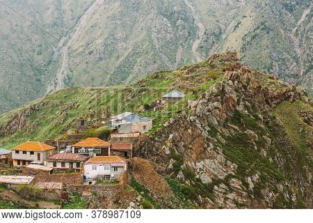 Village Tsdo In Truso Gorge, Kazbegi District, Mtskheta-mtianeti Region, Georgia. Spring Or Summer S