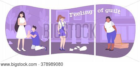 Feeling Of Guilt Flat Compositions Showing Emotions Of People In Different Situations Vector Illustr