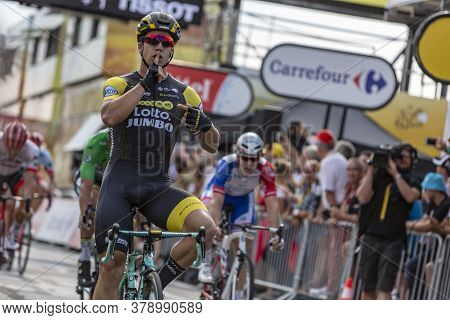 Chartres, France - July 13, 2018: The Dutch Cyclist Dylan Groenewegen Of Lottonl-jumbo Team Celebrat