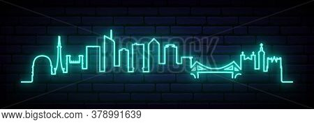 Blue Neon Skyline Of Lyon. Bright Lyon City Long Banner. Vector Illustration.
